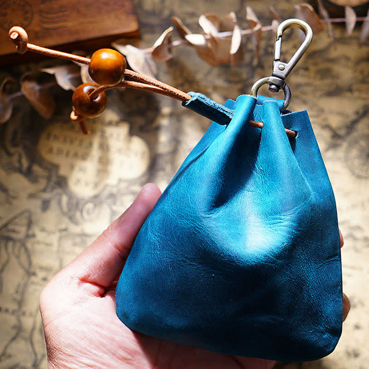 Vintage Münzgeldbörse Echtleder Beutel Brieftasche Kordelzug Aufbewahrungstasche