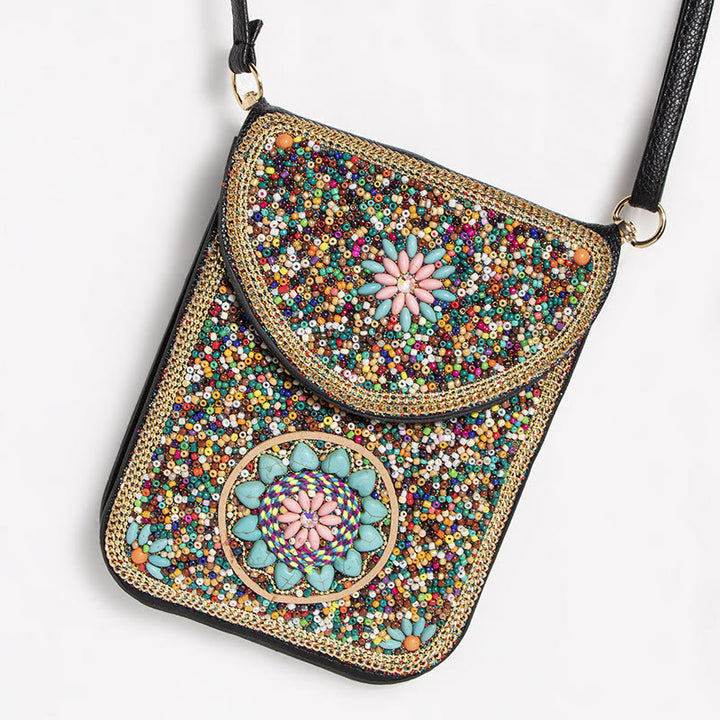 Bohemian Handytasche Damen Muschel Blumen Muster Magnetische Umhängetasche