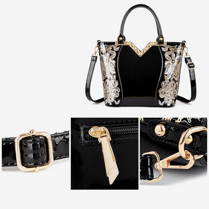Tragetasche für Damen, bestickte Handtasche aus Lackleder mit Pailletten und Diamanten