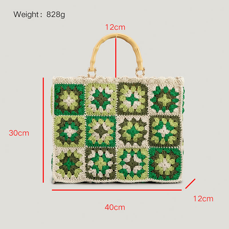 Gestrickte Handtasche mit Blumen-Patchwork-Muster und Bambusgriff