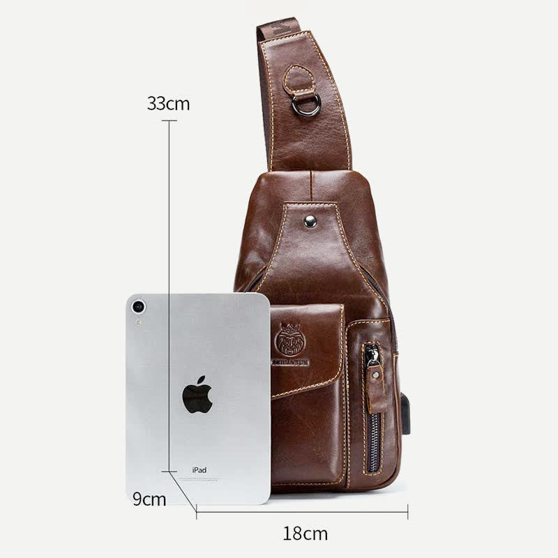 Brusttasche aus echtem Leder mit mehreren Taschen und USB-Ladeanschluss