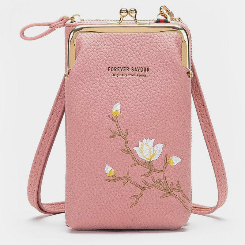 Elegante Umhängetasche fürs Handy mit mehreren Fächern und Blumenstickerei