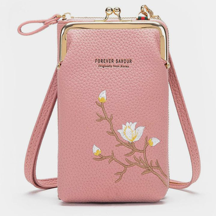 Elegante Umhängetasche fürs Handy mit mehreren Fächern und Blumenstickerei