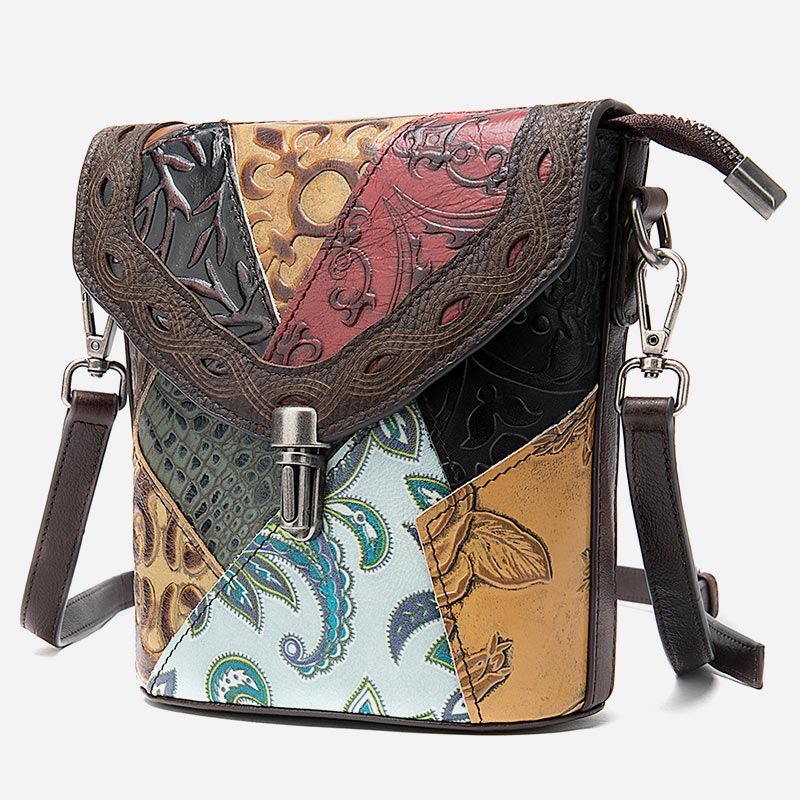 Handytasche für Damen, Vintage, Folk-Custom, Umhängetasche aus Rindsleder