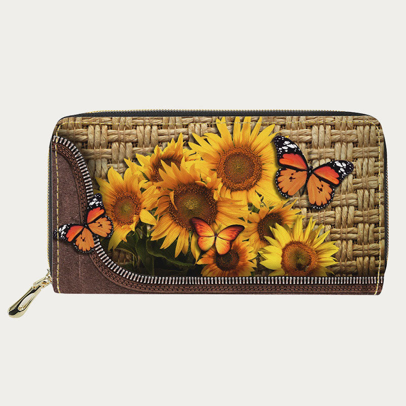 Damen-Geldbörse aus PU-Leder mit Schmetterlings- und Sonnenblumen-Muster, lange Geldbörse