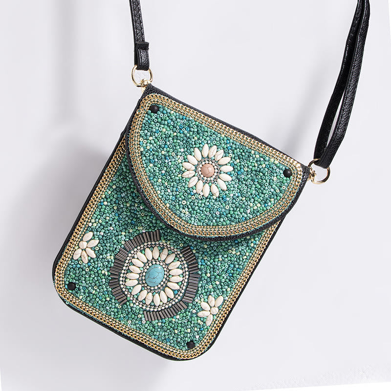 Bohemian Handytasche Damen Muschel Blumen Muster Magnetische Umhängetasche