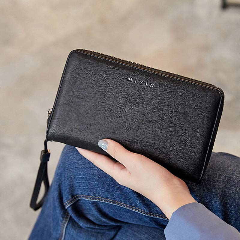 RFID-blockierende Geldbörse für Damen mit Rundum-Reißverschluss, große, lange Clutch mit Handgelenksriemen
