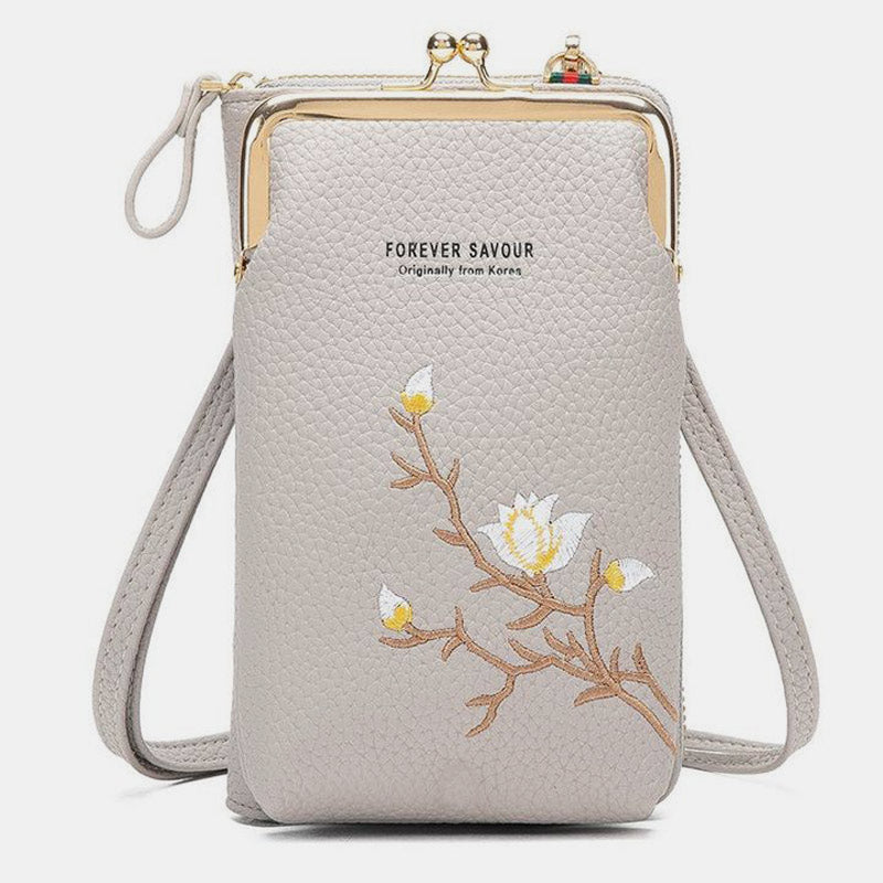 Elegante Umhängetasche fürs Handy mit mehreren Fächern und Blumenstickerei
