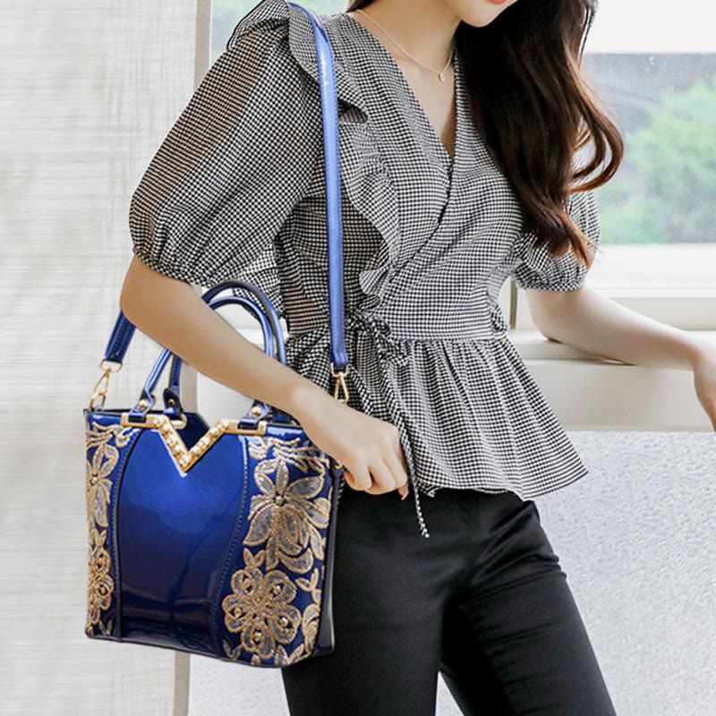 Tragetasche für Damen, bestickte Handtasche aus Lackleder mit Pailletten und Diamanten