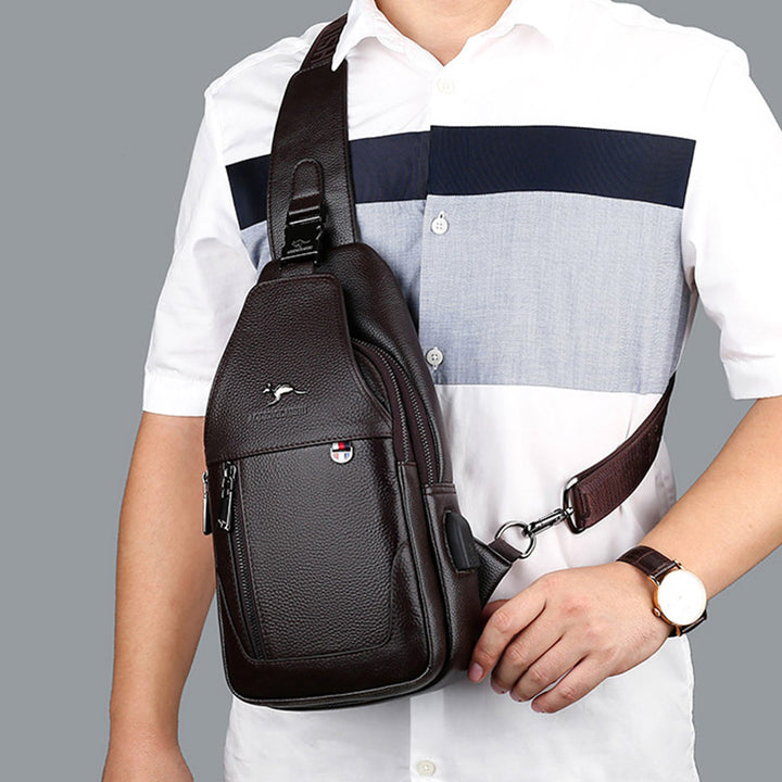 Sling Pack-Umhängetasche für Herren aus echtem Leder mit USB-Ladeanschluss