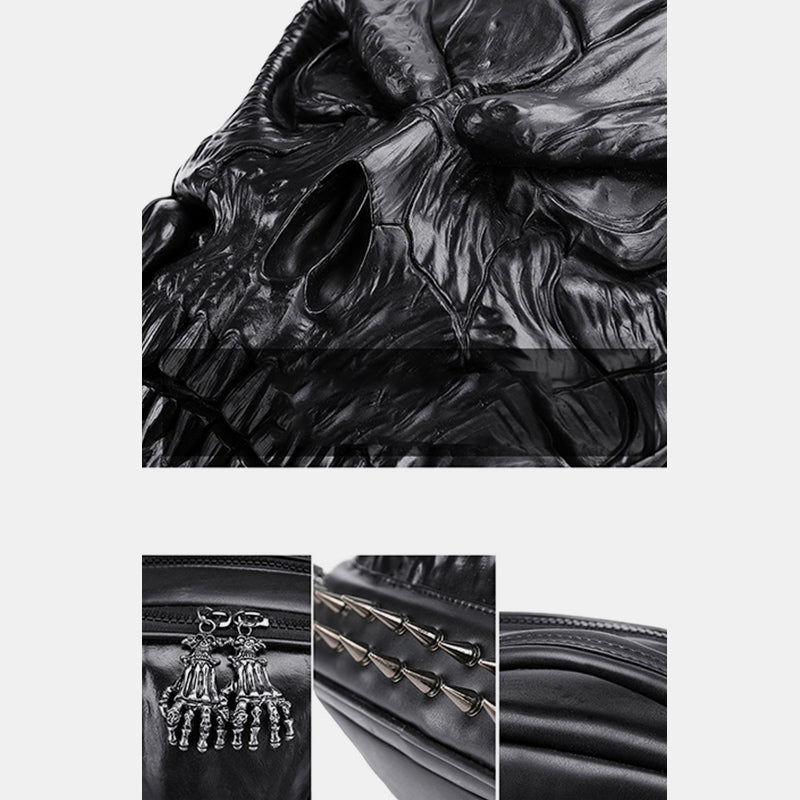 3D Totenkopf Punk Nieten Leder Rucksack Wasserdicht Geprägte Geister Kopf Knapsack