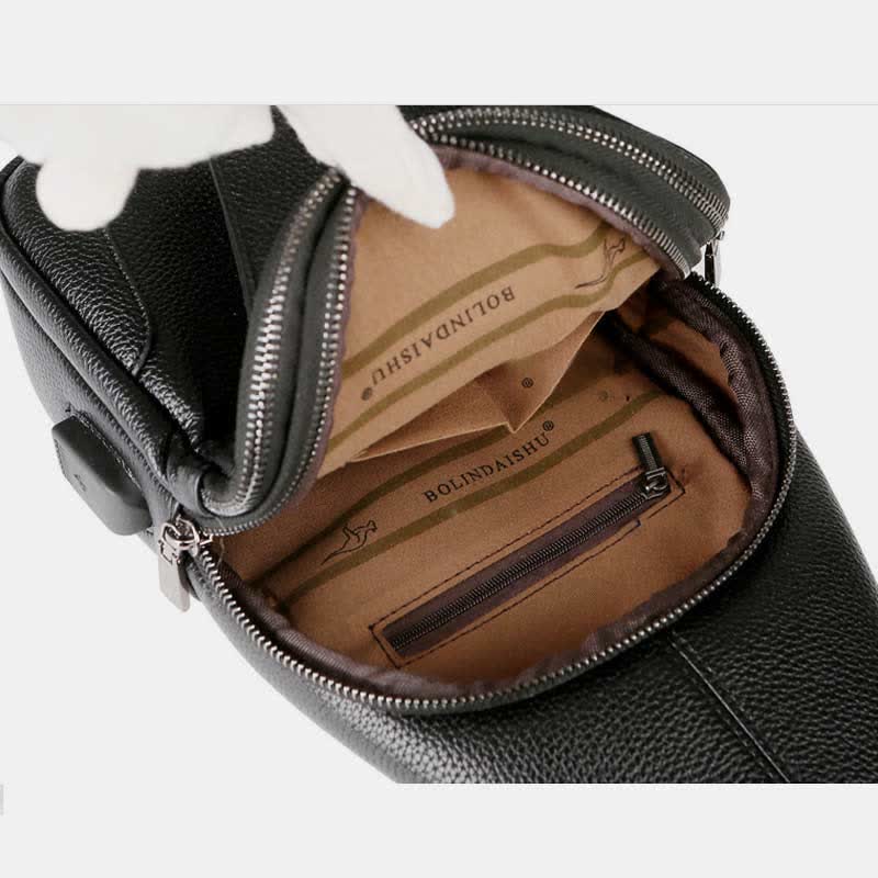 Sling-Brusttasche aus Leder mit mehreren Taschen für Männer mit USB-Ladeanschluss