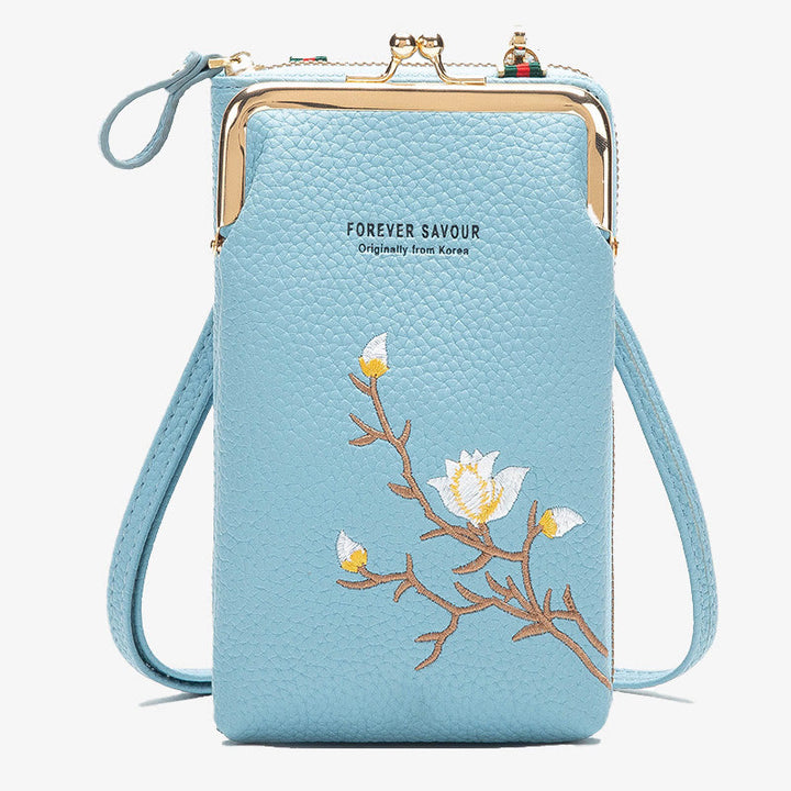 Elegante bestickte Handytasche Damen Mini Crossbody Leder Geldbörse