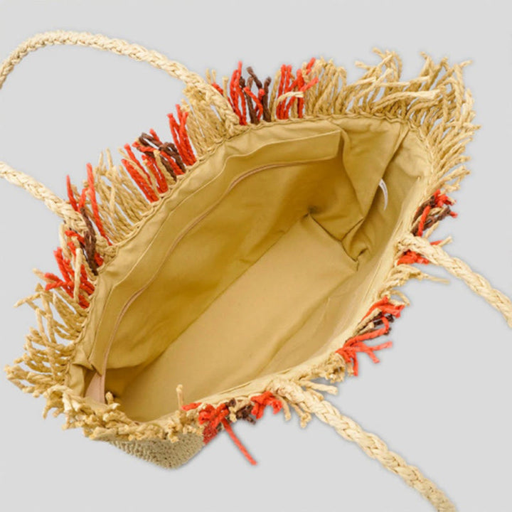 Tragetasche für Damen, lässige Strandtasche aus Stroh mit vertikalen Streifen