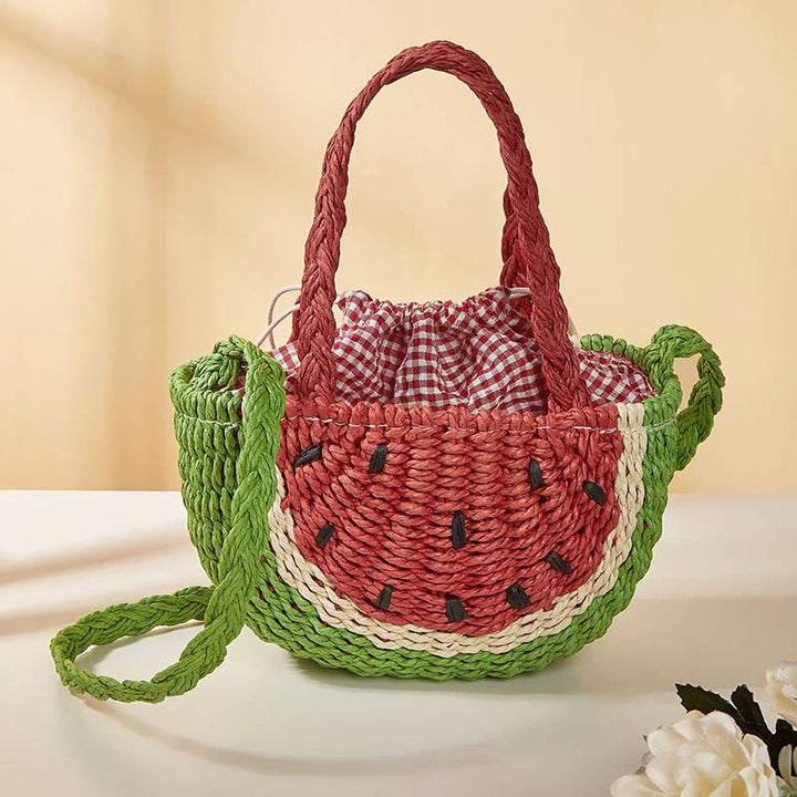 Strandtasche für Damen, tragbare Umhängetasche aus Stroh mit Wassermelonenmuster
