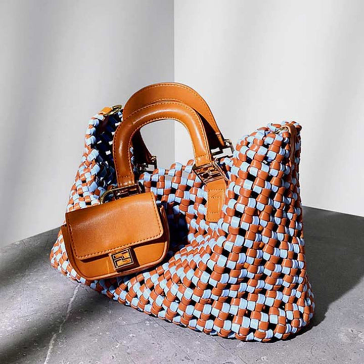 Handtasche für Damen, gewebte Umhängetasche aus Leder mit großem Fassungsvermögen