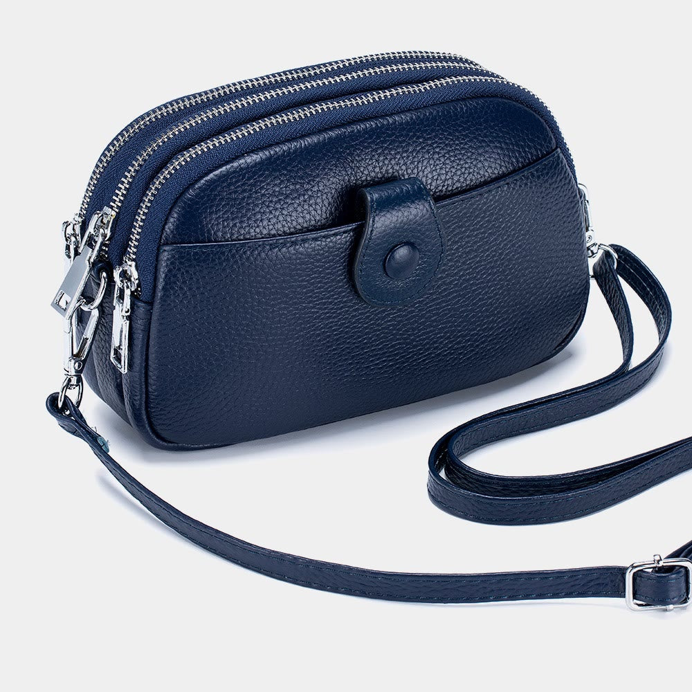 Schultertasche aus echtem Leder mit drei Reißverschlüssen, lässige Umhängetasche für Damen