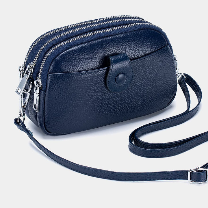 Schultertasche aus echtem Leder mit drei Reißverschlüssen, lässige Umhängetasche für Damen