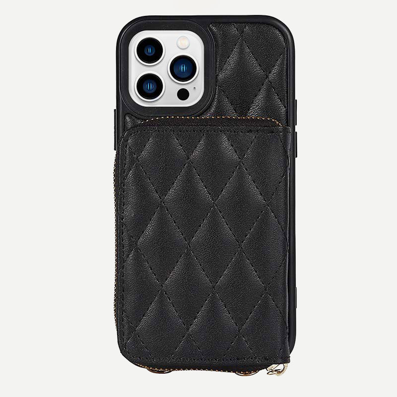 iPhone-Handyhülle, gestepptes Leder, Brieftaschen-Hülle, Kartenhalter mit Umhängegurt