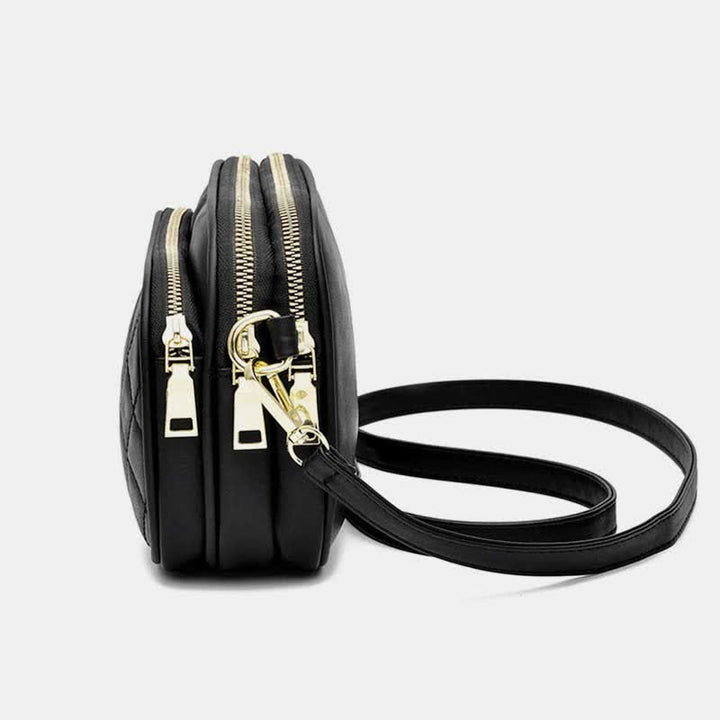 Umhängetasche mit drei Reißverschlüssen, gestepptes Leder, Schultertasche für Damen