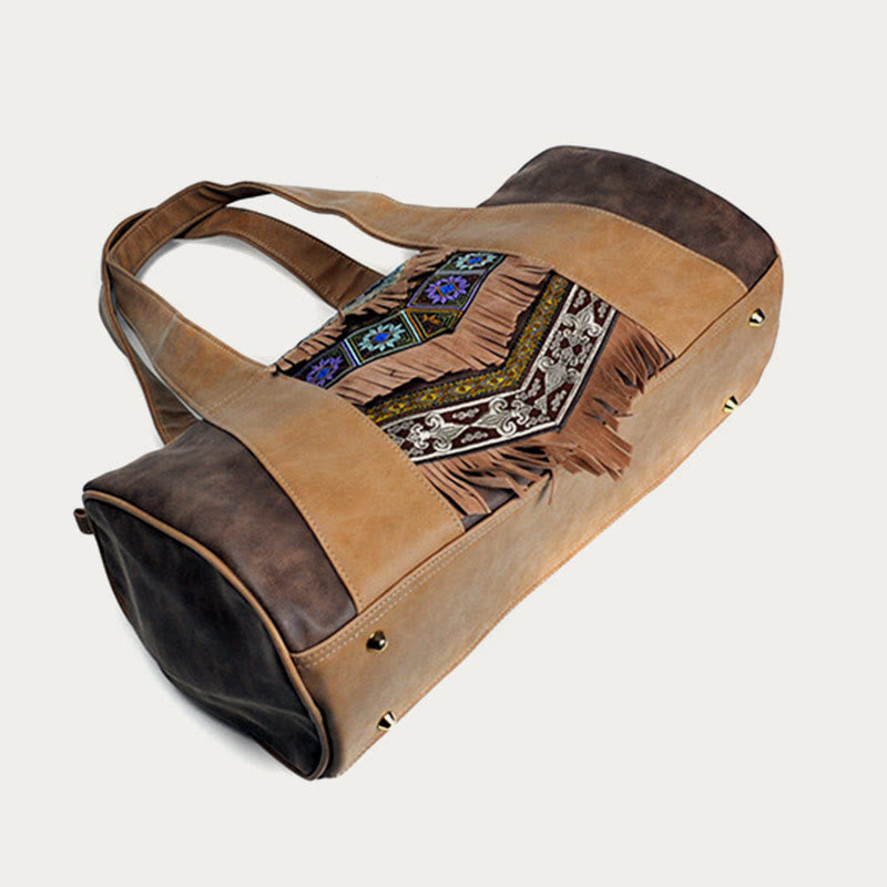 Tote für Damen im ethnischen Stil, PU-Leder, Quaste, Alltagshandtasche
