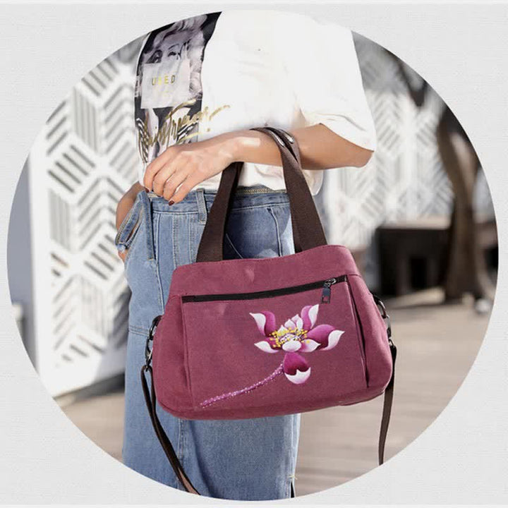 Handtasche aus Segeltuch mit drei Fächern und Blumendruck, Umhängetasche