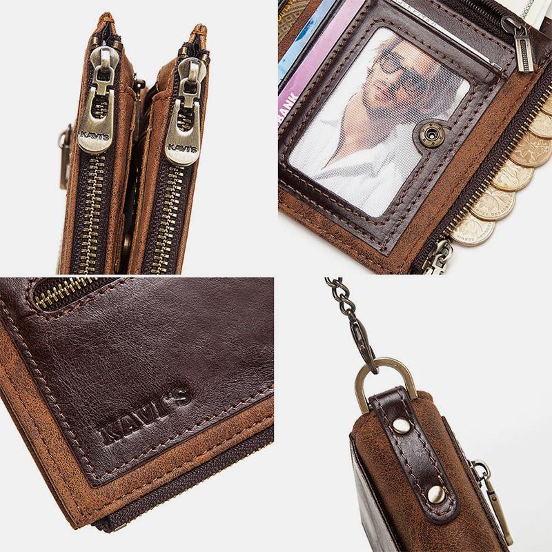 Vintage RFID Echtleder Bifold Münzgeldbörse mit Kette