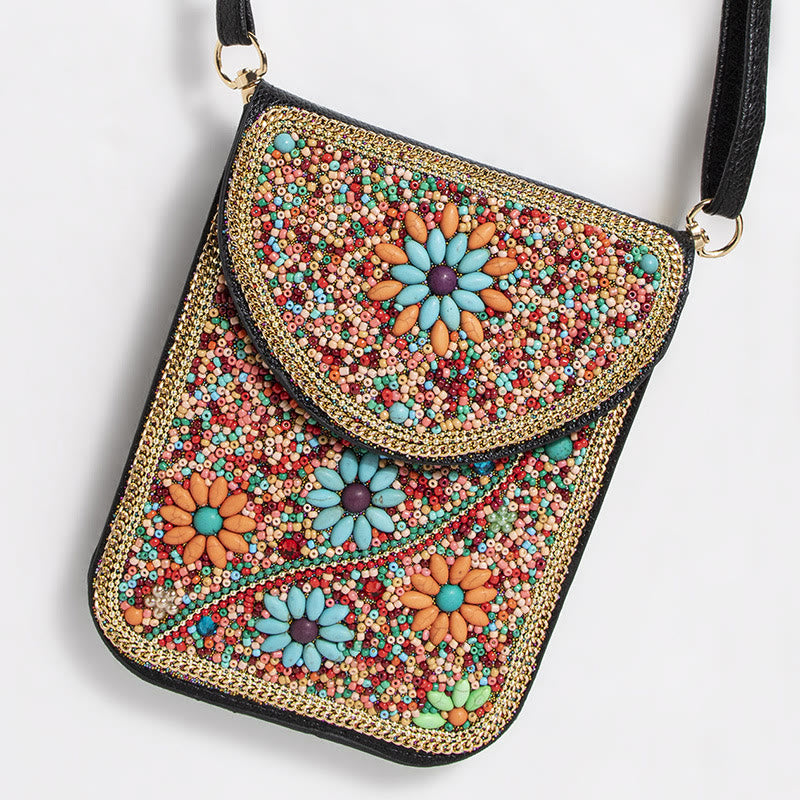 Bohemian Handytasche Damen Muschel Blumen Muster Magnetische Umhängetasche
