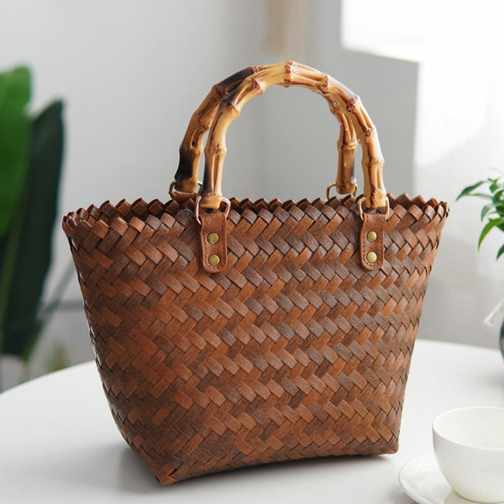 Strohtasche für Damen, Handtasche mit Retro-Bambusmuster