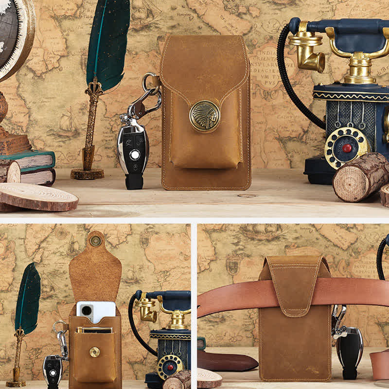Vintage Leder Flip Handytasche Gürteltasche mit Zigarettenfach