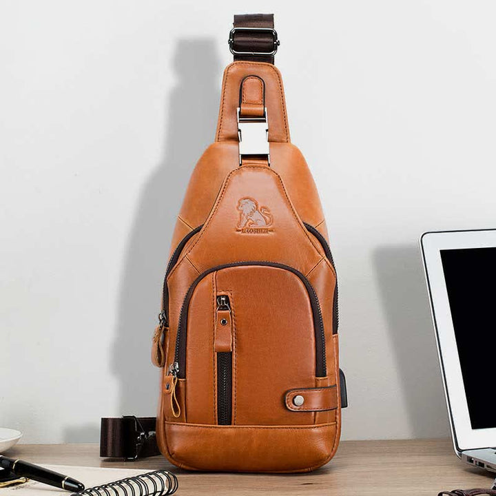 Schultertasche aus echtem Leder, lässiger Outdoor-Schulterrucksack, Brust-Tagesrucksack