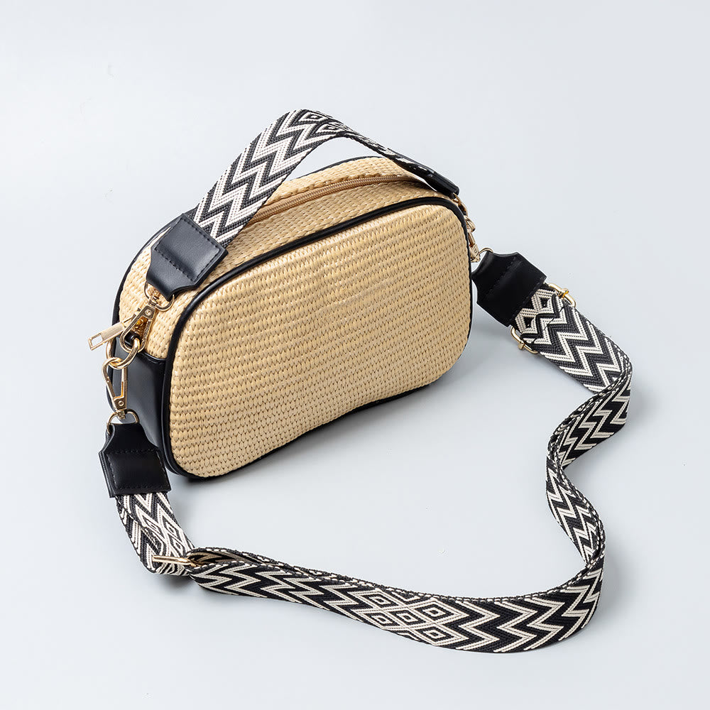 Kleine Pendlertasche für Damen, Umhängetasche aus Stroh mit breitem Riemen