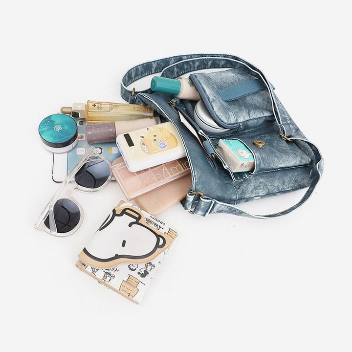 Umhängetasche für Damen, gewaschene, lässige Schultertasche aus Denim-Leder