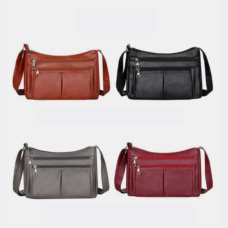 Umhängetasche mit 3 Reißverschlüssen für Damen, leichte, wasserdichte Schultertasche aus Leder