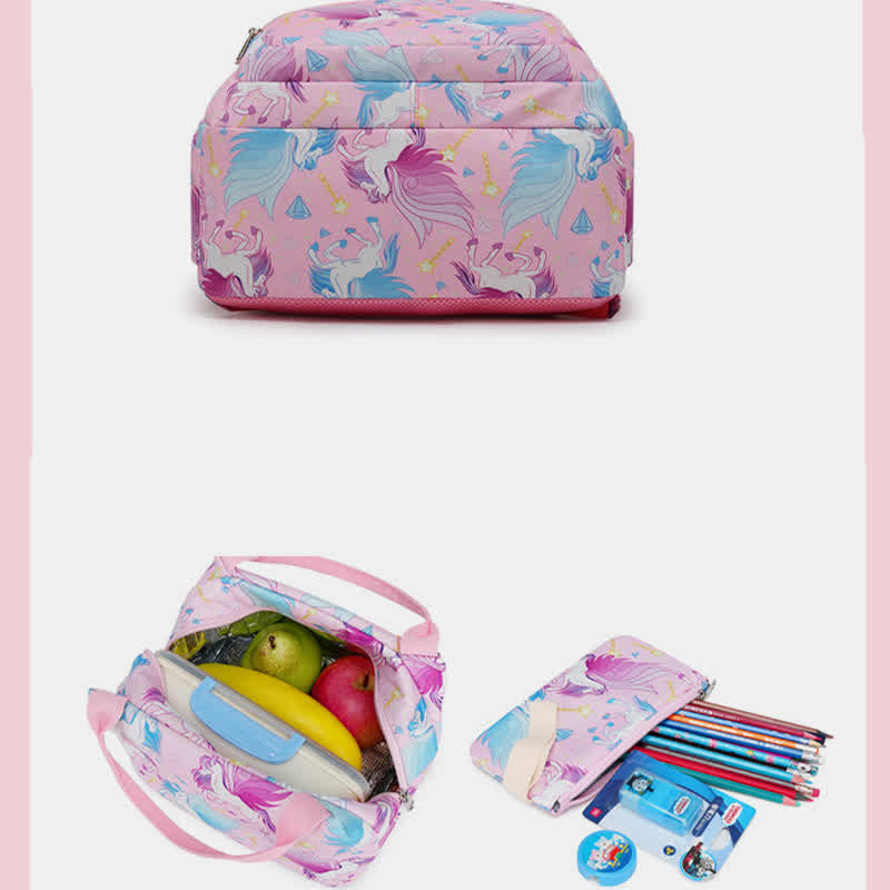 Einhorn-Schulranzen-Set für Mädchen, Rucksack, Büchertasche, Lunchtasche, Federmäppchen