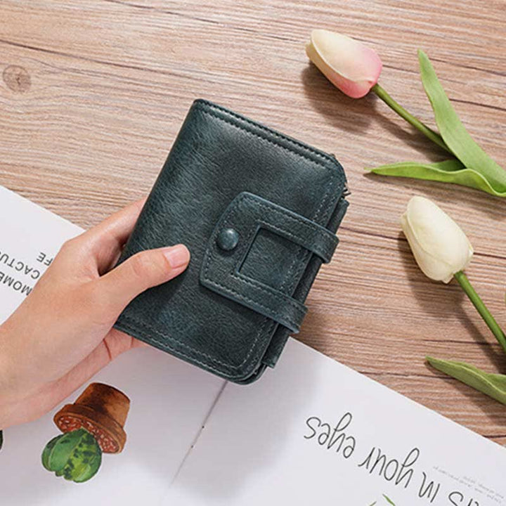 Kleine dreifach gefaltete Geldbörse für Damen aus echtem Leder, Retro, kompakte Taschengeldbörse
