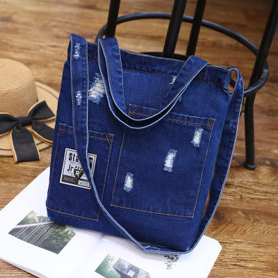 Denim Tote für Ausflüge Retro Canvas zerrissene Umhängetasche - # B - Dunkelblau - image 19