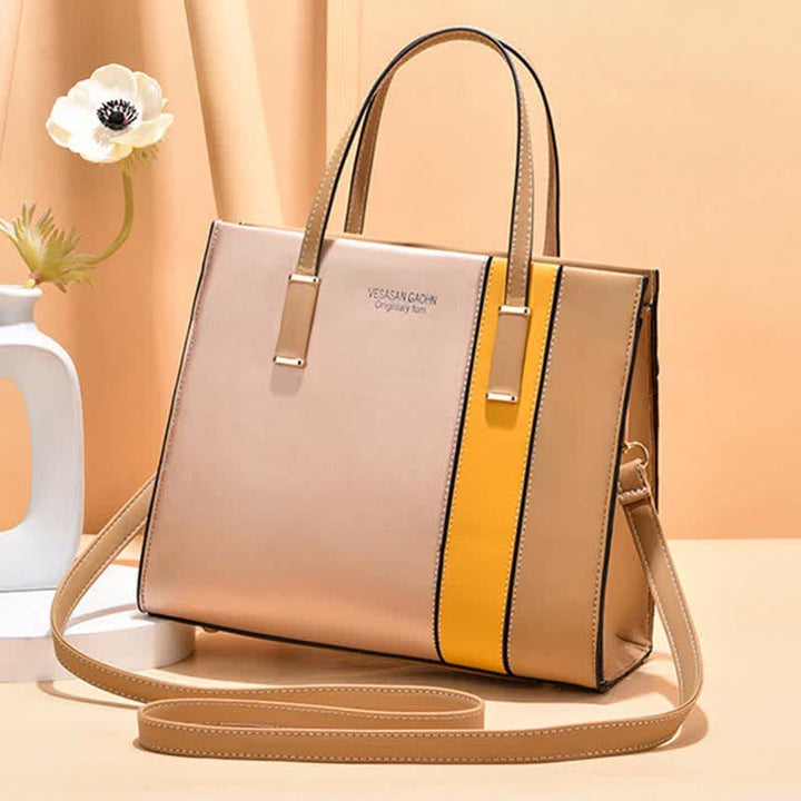 Damen Handtasche aus Leder mit Henkel, modisch, mit Farbblock-Muster, Umhängetasche