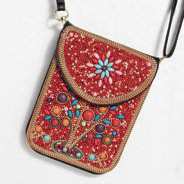 Bohemian Handytasche Damen Muschel Blumen Muster Magnetische Umhängetasche