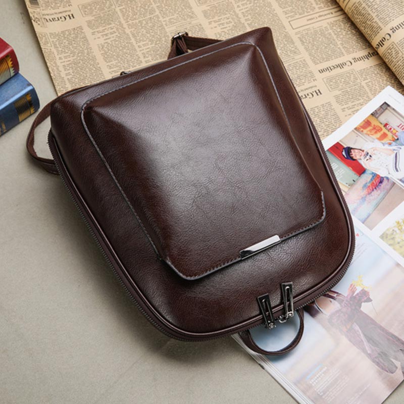 Retro PU Leder Daypack Frauen Casual Rucksack Geldbörse Reißverschluss Schultertasche