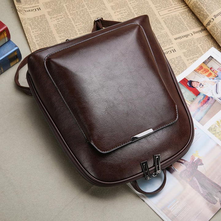 Retro PU Leder Daypack Frauen Casual Rucksack Geldbörse Reißverschluss Schultertasche