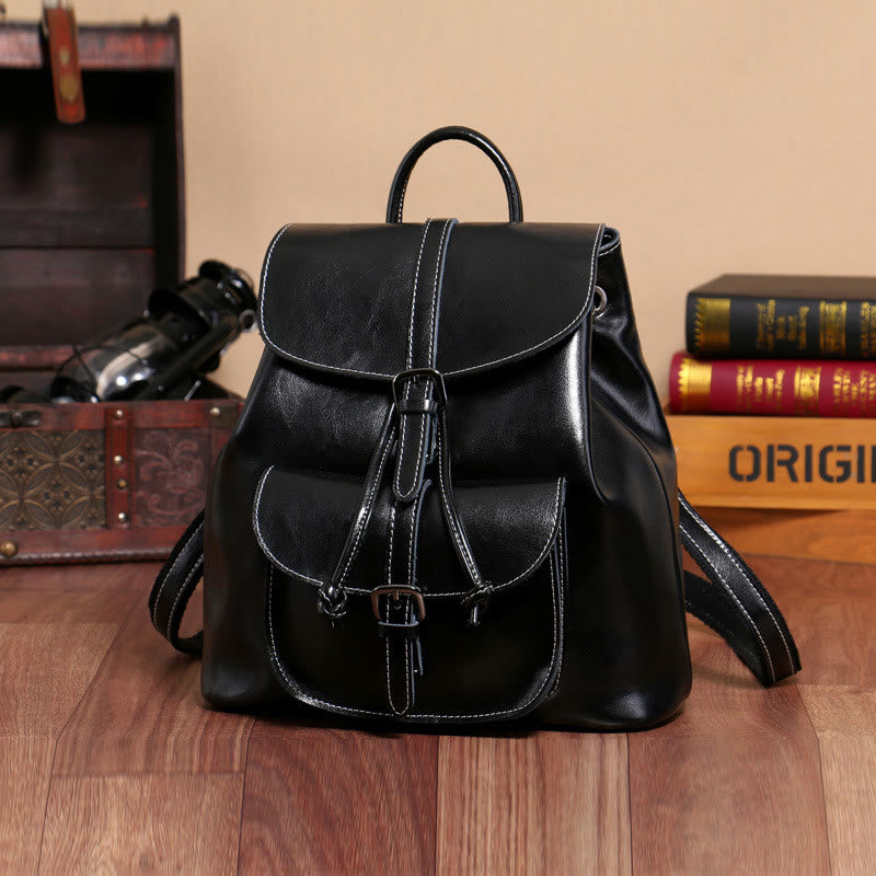 Klassischer Tagesrucksack für Damen, Ausflugsrucksack aus Leder mit Kordelzug