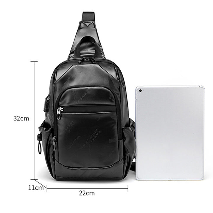 Kleine schwarze Sling-Umhängetasche für Damen und Herren, Tagesrucksack mit USB-Ladegerät