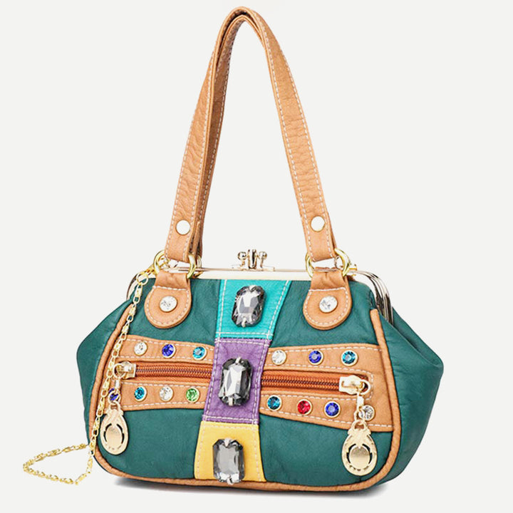 Retro Doppellagige Kiss-Lock Schulterhandtasche Party Abendtasche mit Umhängekette