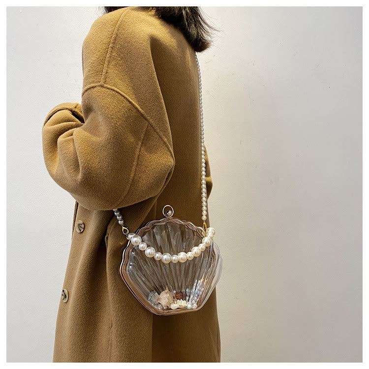 Umhängetasche für Damen mit Perlenkette und Clip, transparente Tasche
