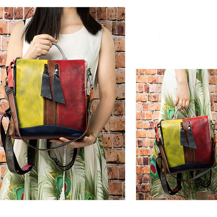 Damen Rucksack Handtasche Cabrio Schultertasche Echtleder Colorblock Casual Daypack