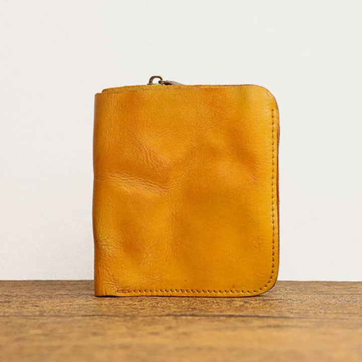 Ledergeldbörse für Herren, doppelt faltbar, Vintage, kurze Geldbörse mit Reißverschluss - Gelb - image 18