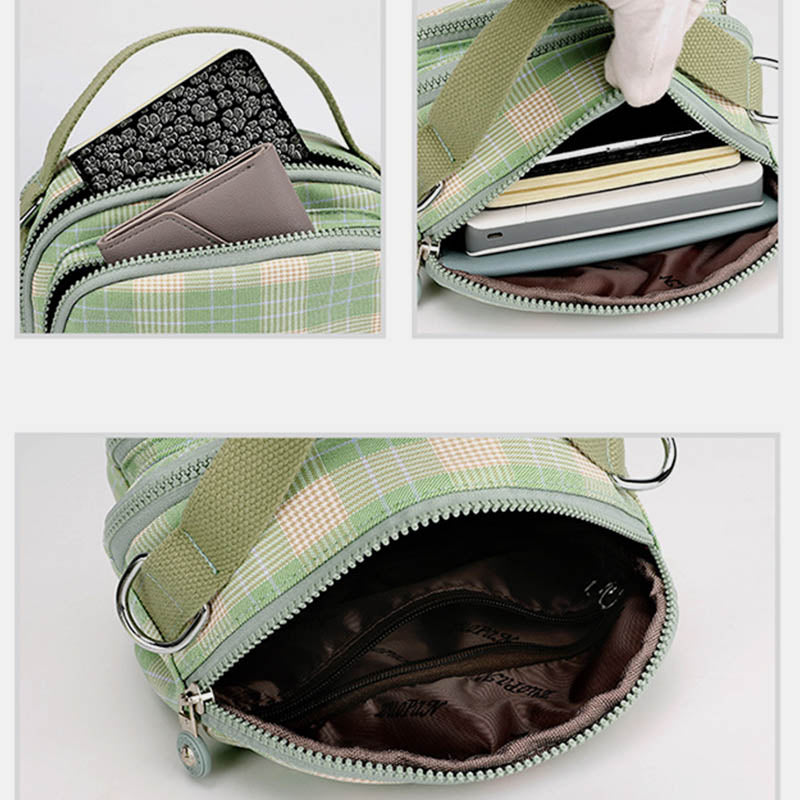 3-lagige Umhängetasche für Damen, leichte Schultertasche mit Karomuster