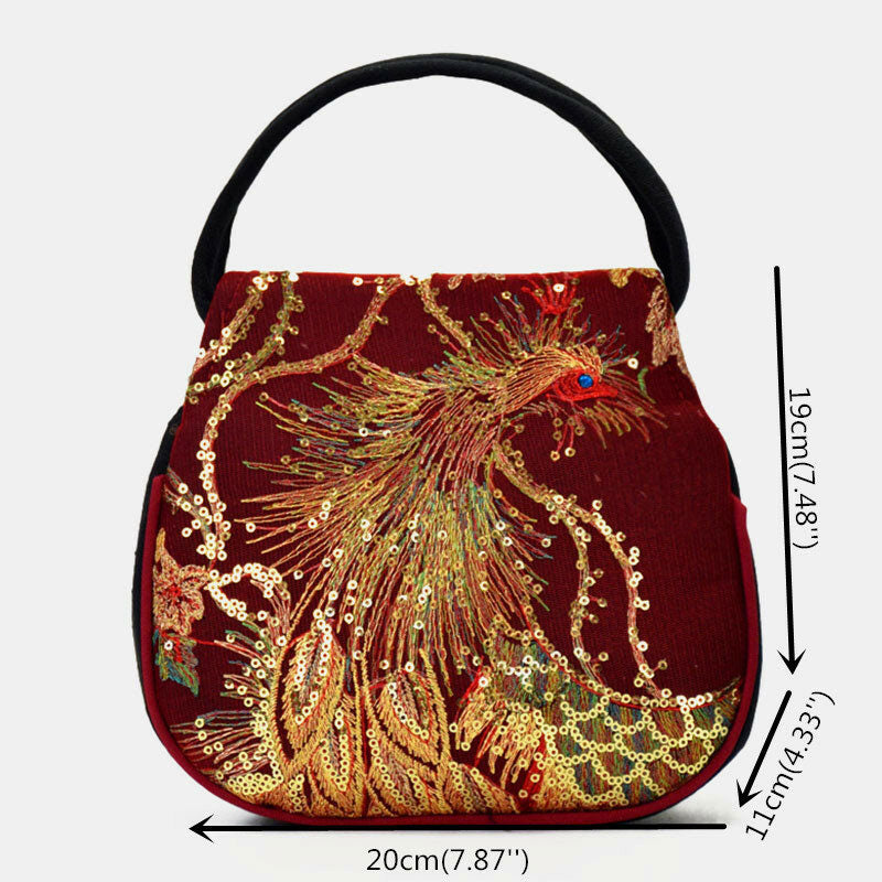 Handtasche aus Segeltuch mit Phönix-Stickerei und Pailletten im Ethno-Stil