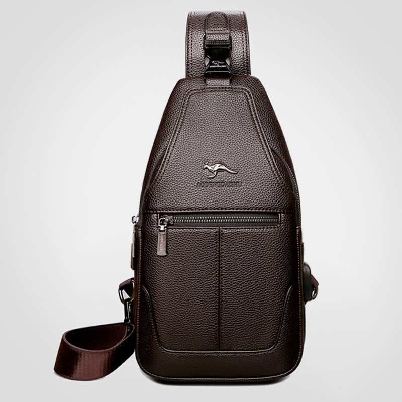 Sling-Brusttasche aus Leder mit mehreren Taschen für Männer mit USB-Ladeanschluss